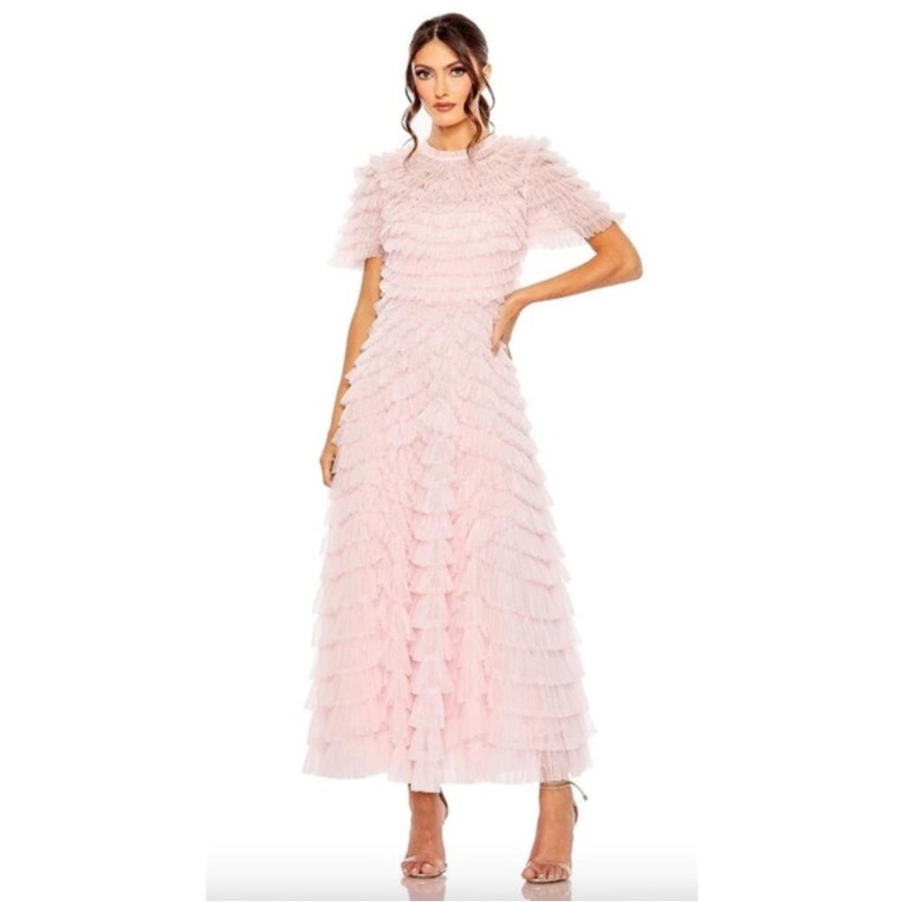 Mac Duggal High-Neck Short-Sleeve Tiered Ruffle A-Line Dress